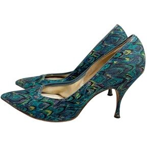 Vintage Fifth Avenue Fashions by Miles Peacock Print Fabric Heels Sz 7